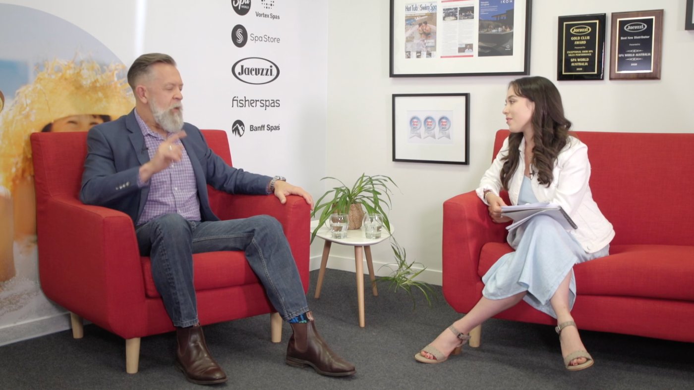 Annabella Garwood interviewing Andrew Pullen, Managing Director of Spa World, on set